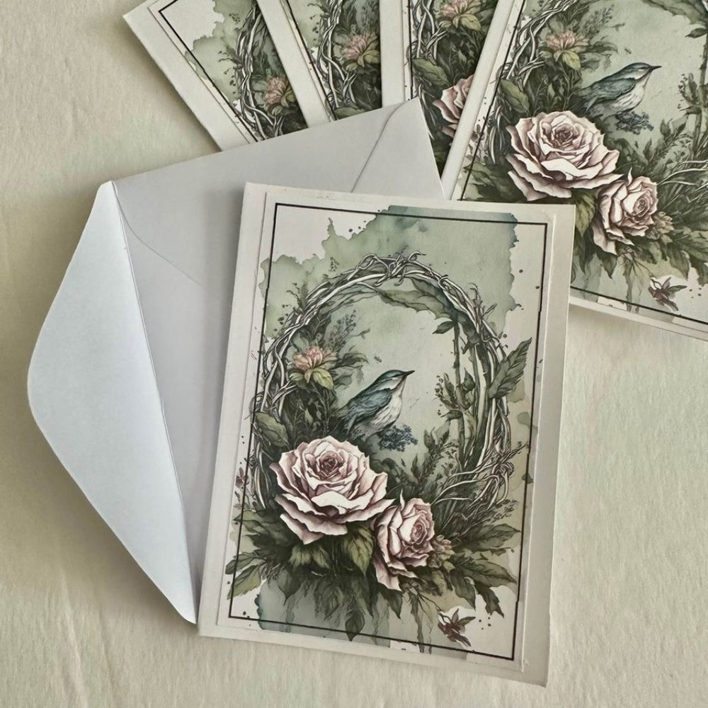 Set of 5-Watercolor Grapevine Wreath w/Pink Roses & Bird Handmade Folded Blank N